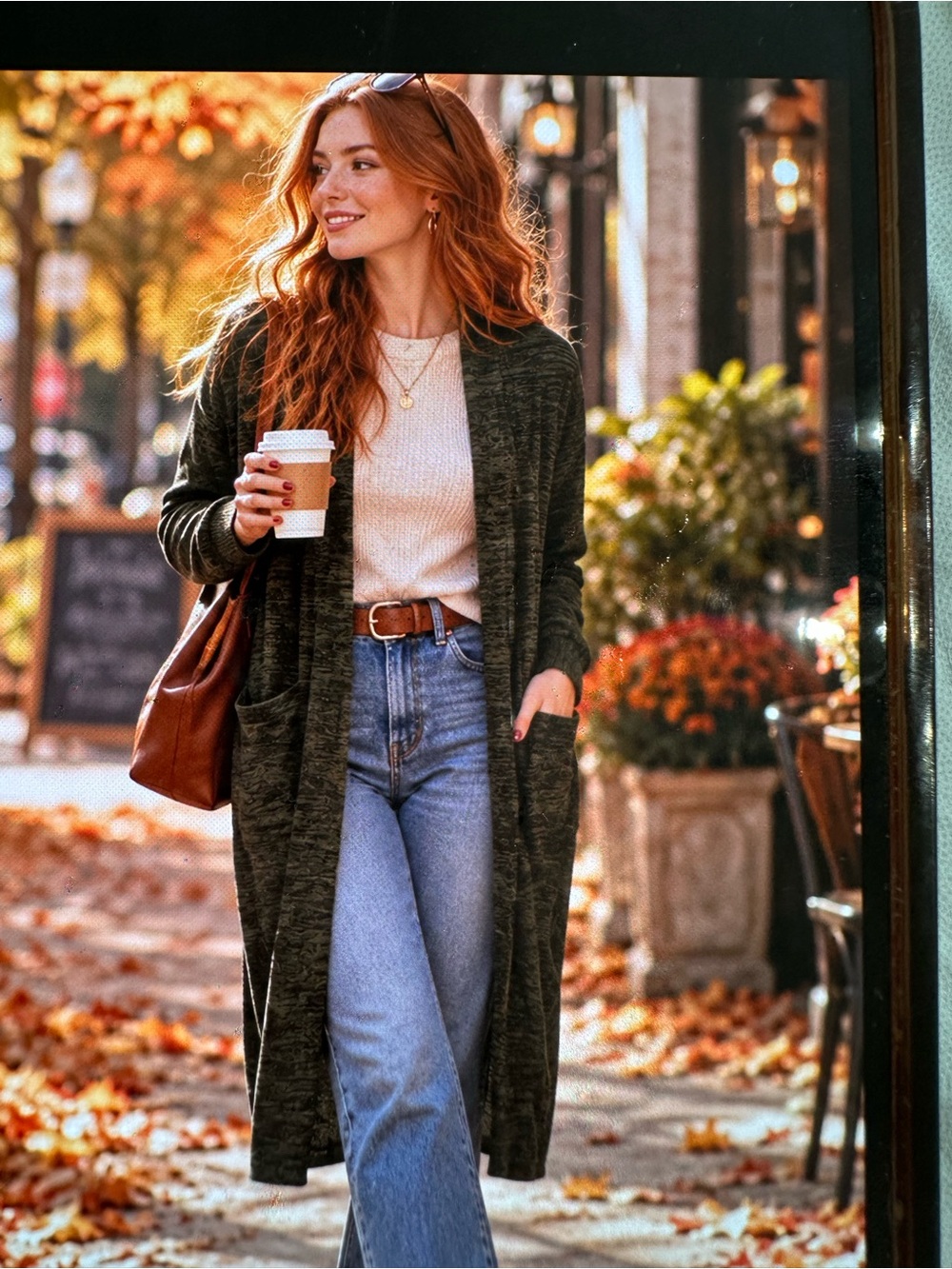 Worthington Long Open-Front Cardigan in Olive